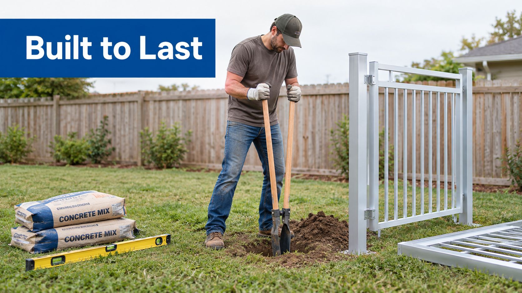 A man digging a post hole for an aluminum gate kit installation in a backyard.