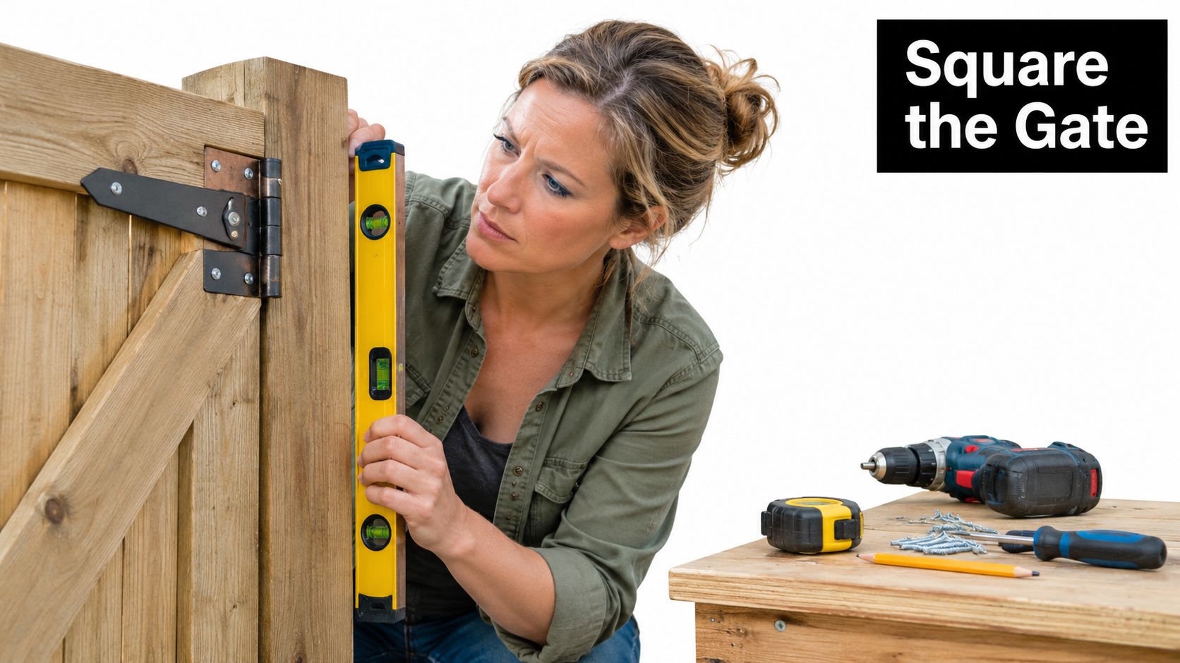 A woman using a spirit level to ensure a wooden gate is perfectly square and vertical