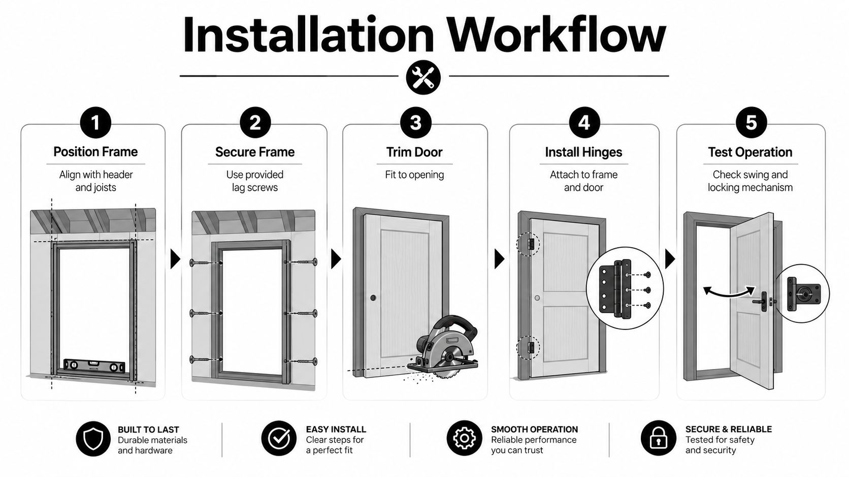 A diagram illustrating the five-step installation workflow for a door frame assembly in a home setting.