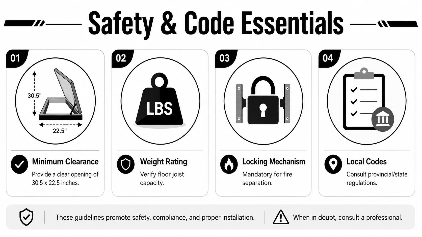A safety and installation guide infographic for attic ladder kits featuring four essential steps and considerations.