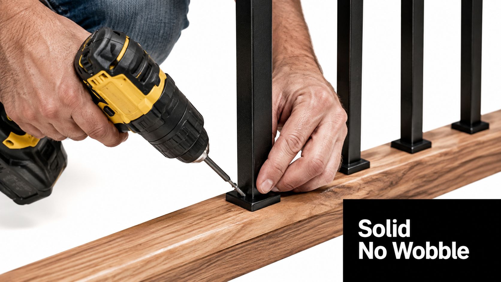 A close-up view of a person using a cordless drill to install a black metal baluster onto a wooden deck railing.