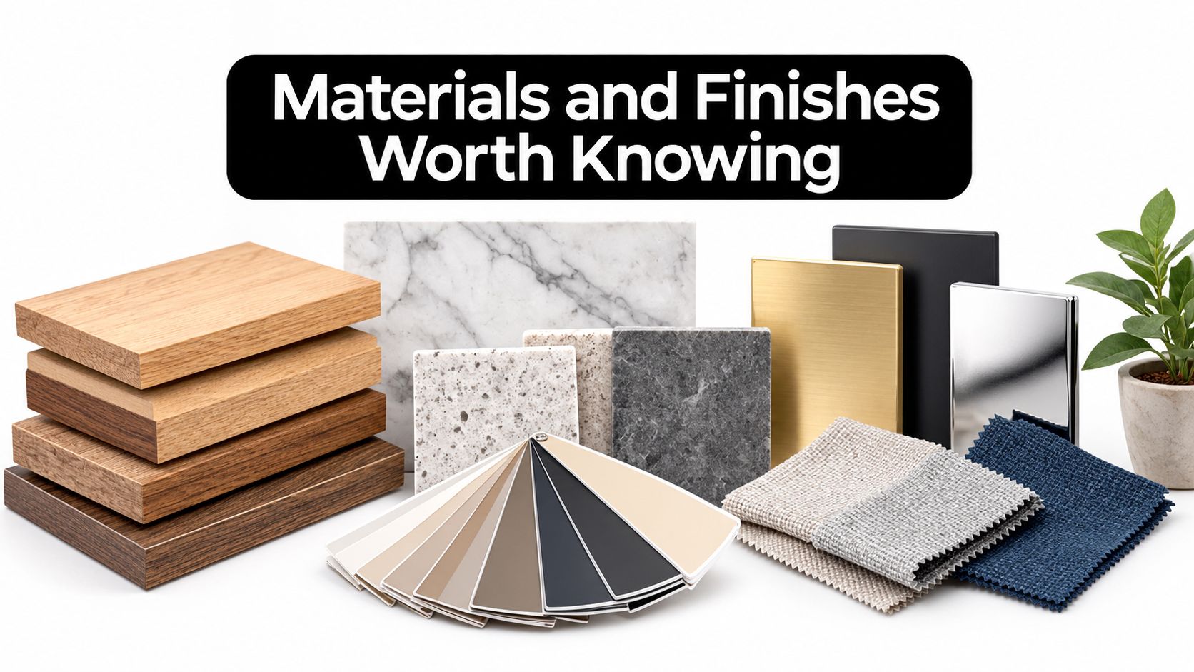 A collection of various interior design material samples including wood blocks, stone slabs, metals, and fabric swatches.