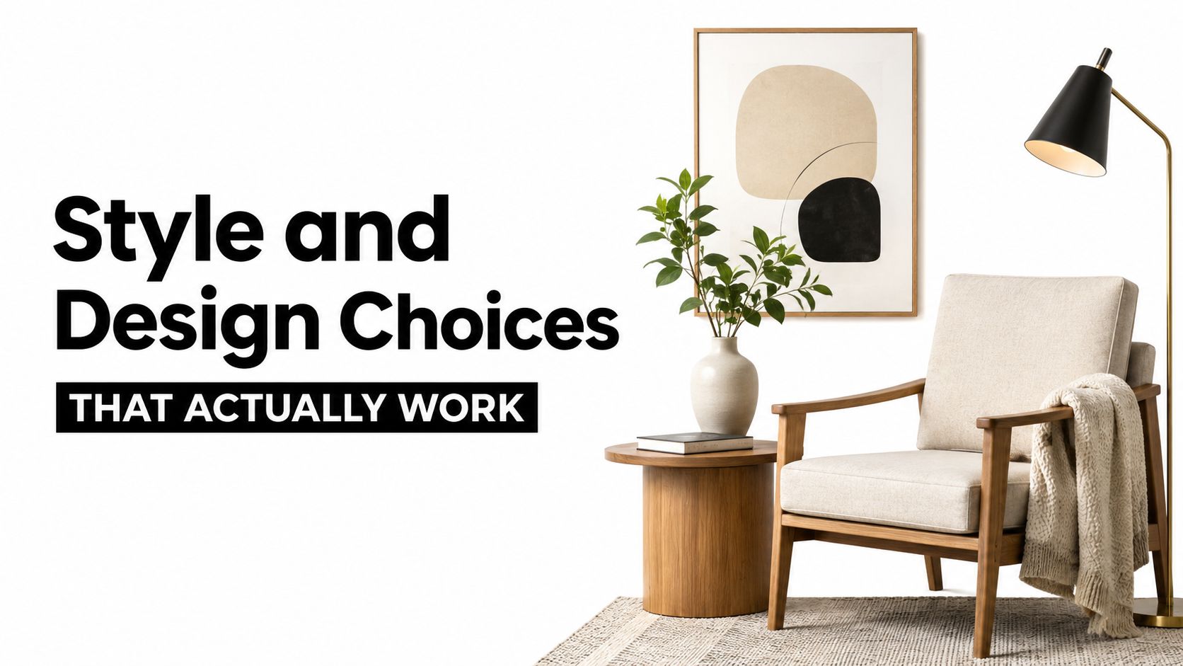 A modern, minimalist living room corner featuring a beige armchair, wooden side table, floor lamp, and abstract art.