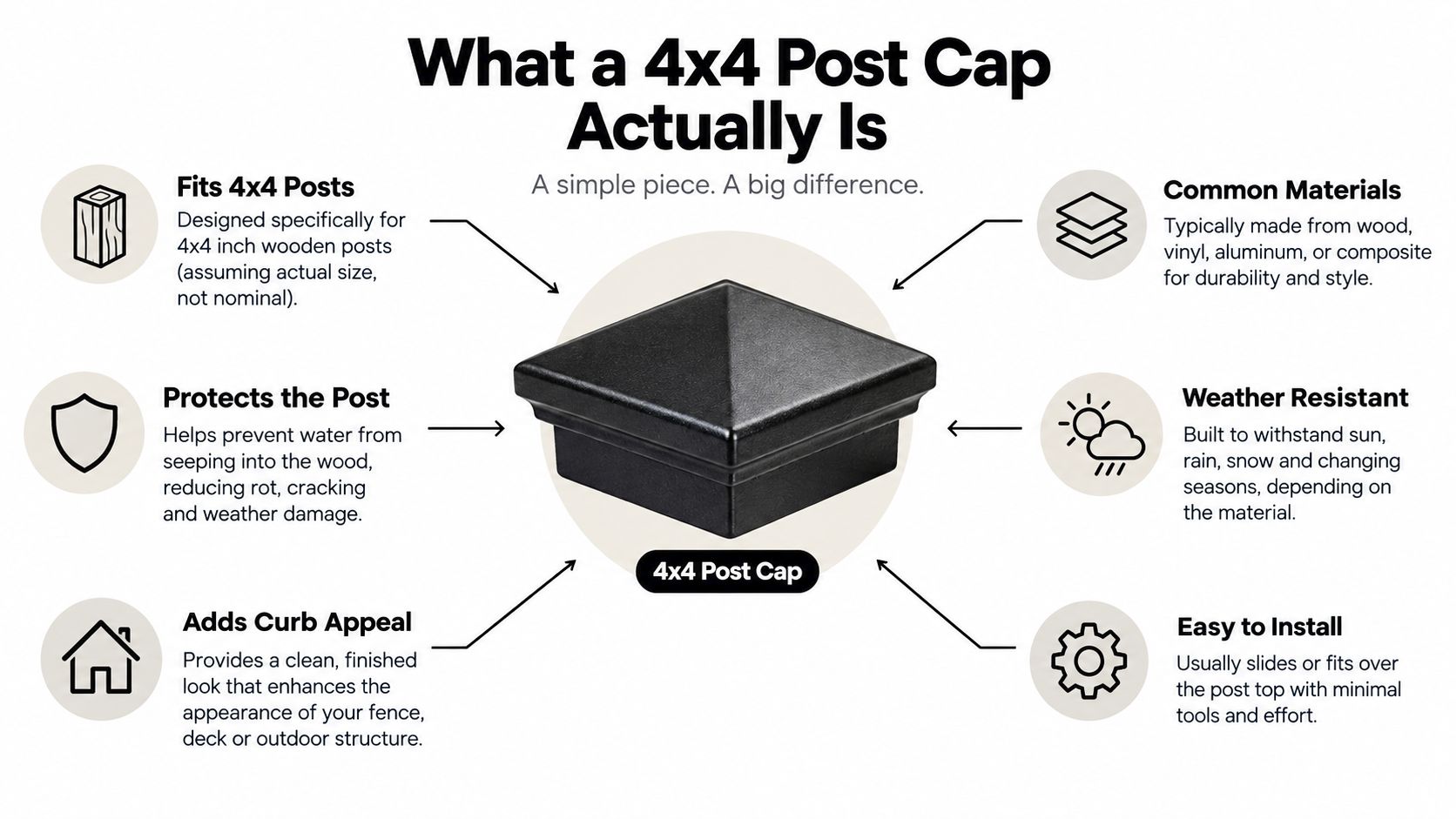 An infographic detailing the features, benefits, and protective functions of a black 4x4 post cap.