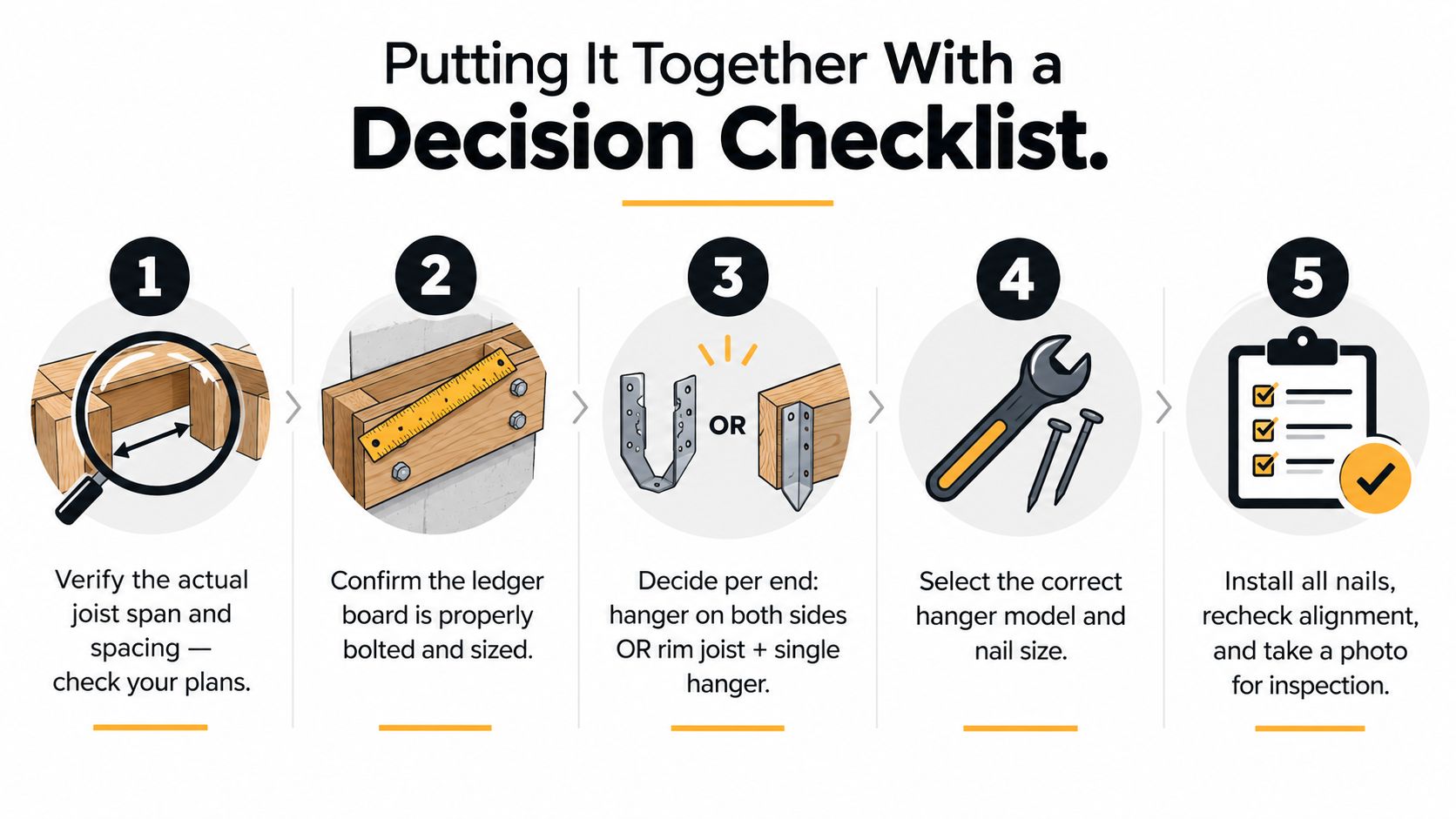 A five-step decision checklist infographic showing how to properly install and verify deck joist hangers.