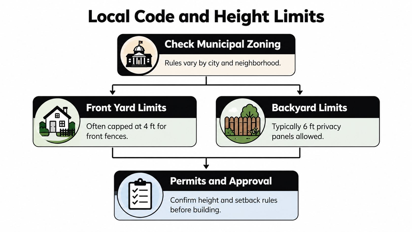 An infographic showing local code and height limit guidelines for installing residential fences and privacy panels.