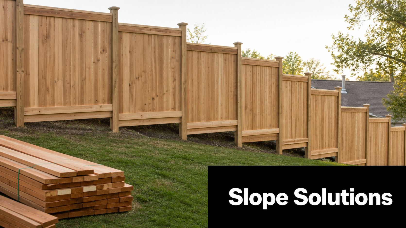 A wooden privacy fence installed on a grassy slope with extra lumber stacked in the foreground.