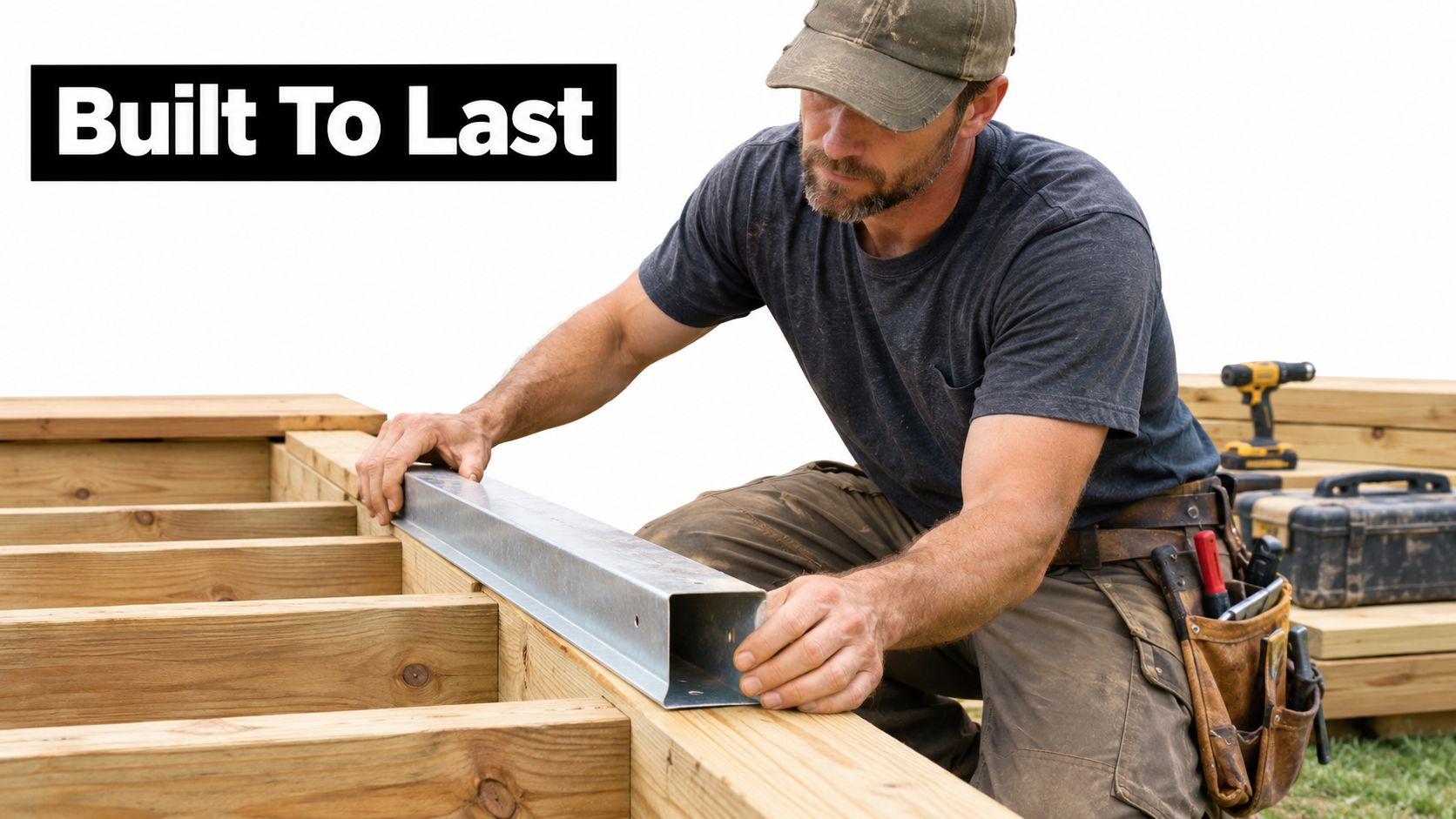 A professional carpenter installing a galvanized U-channel onto a wooden frame while building a sturdy deck structure.