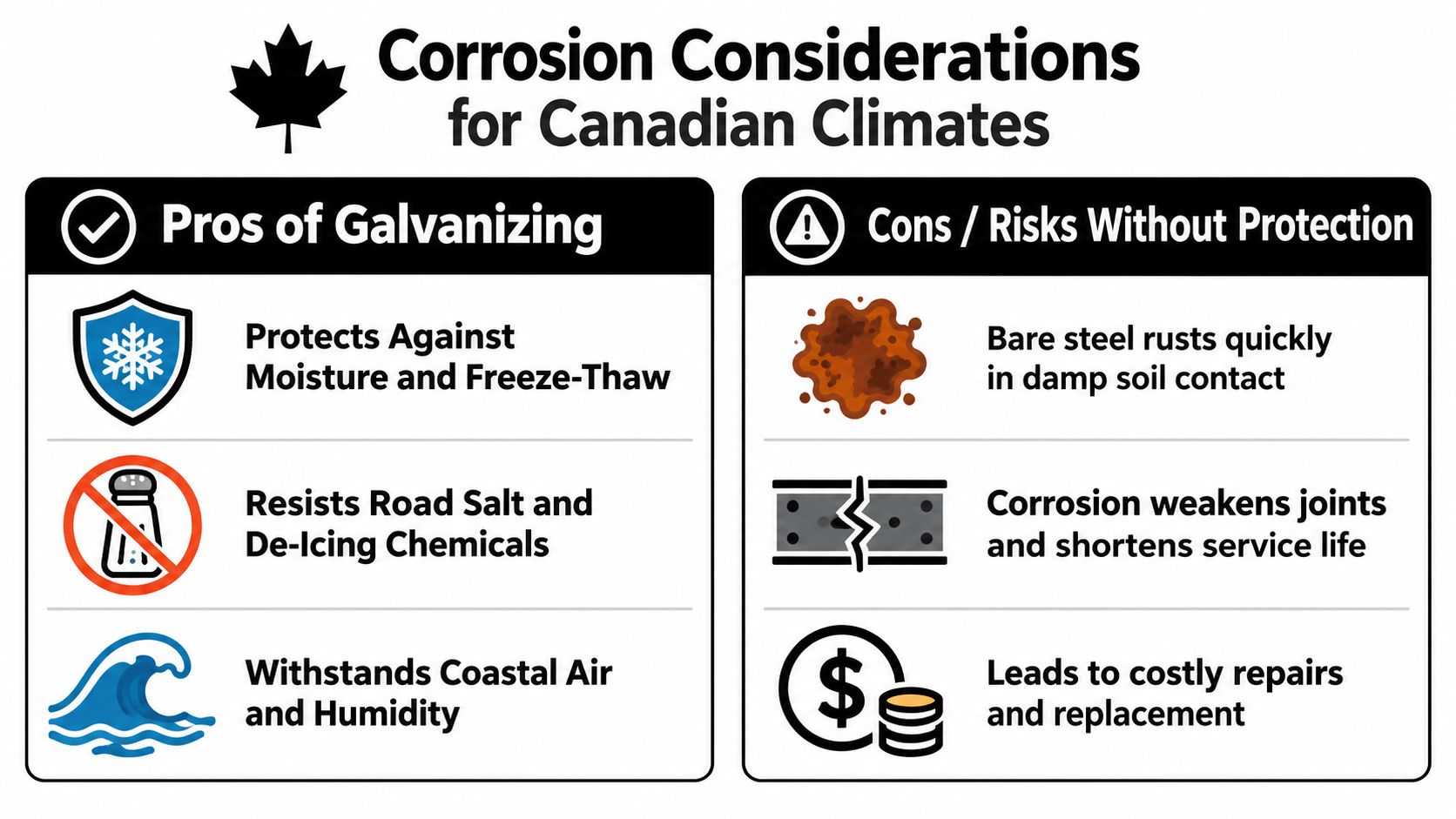 An infographic detailing the benefits of galvanizing steel and the risks of corrosion for Canadian climate conditions.