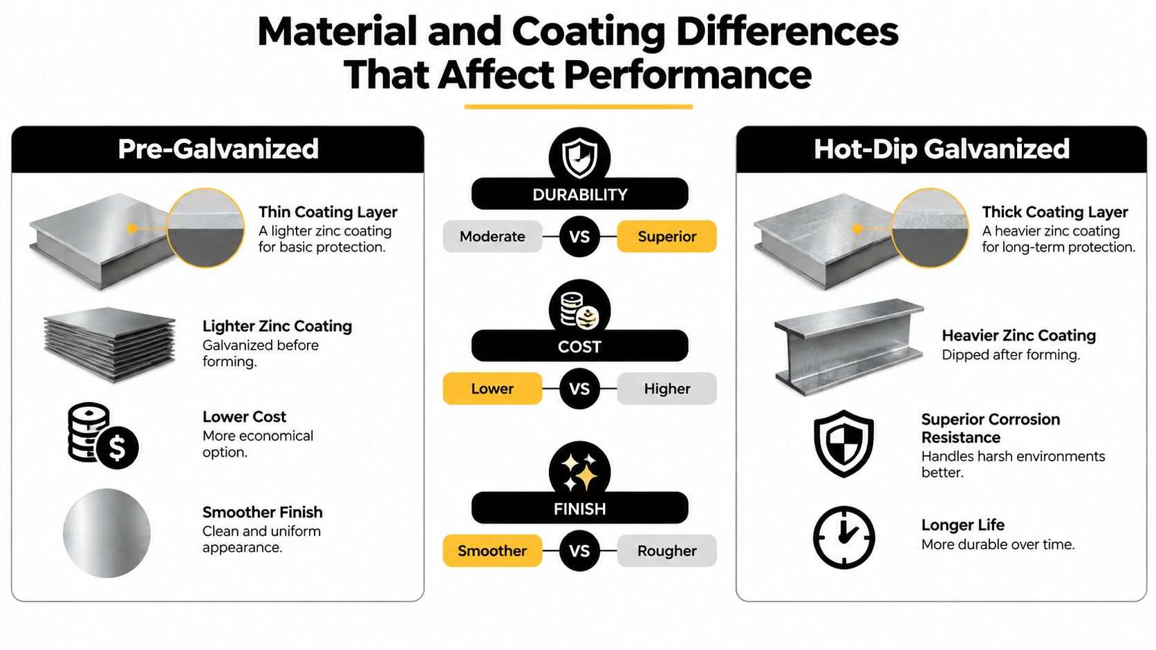 A comparison chart showing the differences between pre-galvanized and hot-dip galvanized steel regarding durability, cost, and finish.