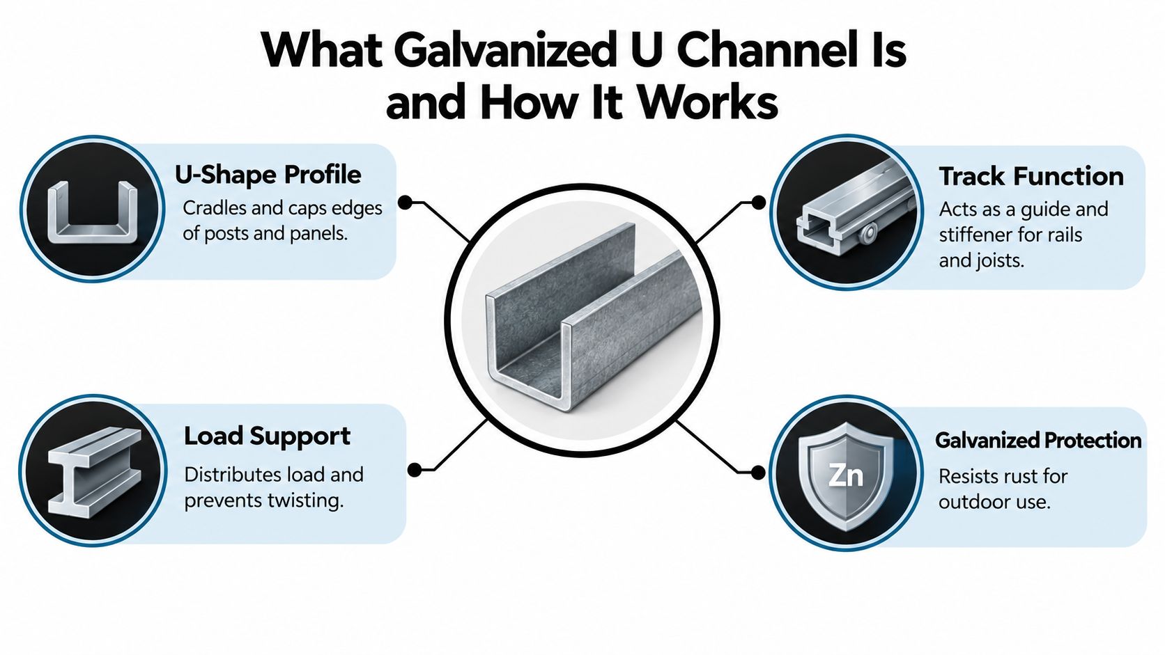 A diagram explaining the functions and benefits of galvanized U channel in construction and structural applications.