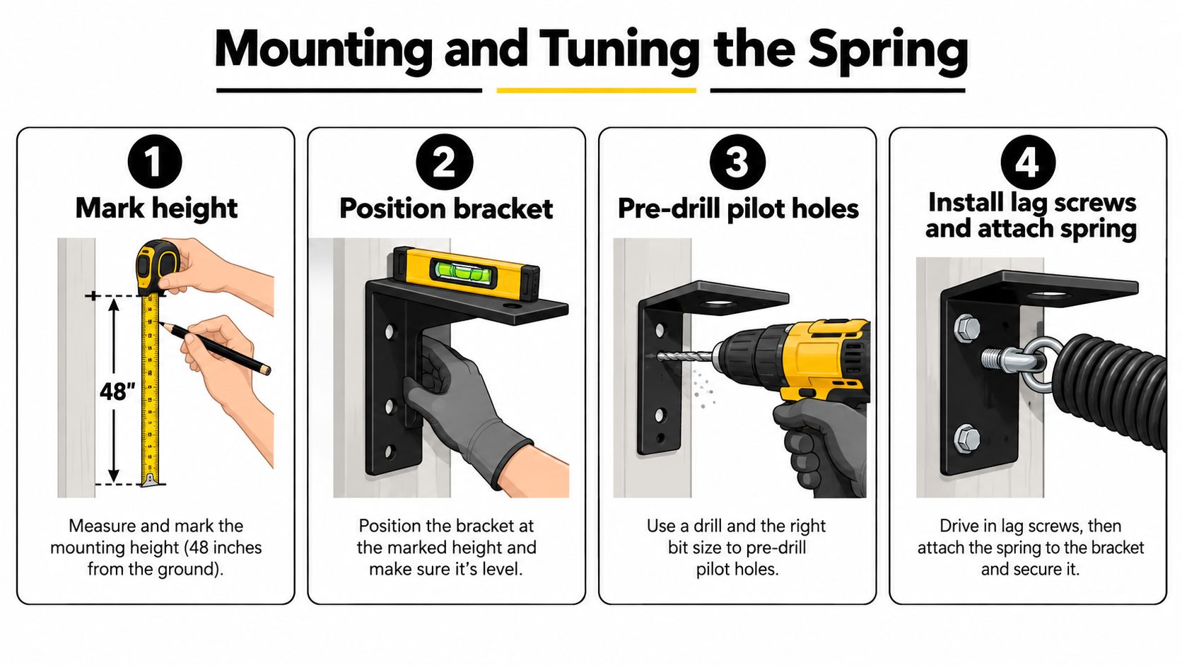 An illustrated guide detailing the four steps for mounting and tuning a gate spring, including measurements and drilling.