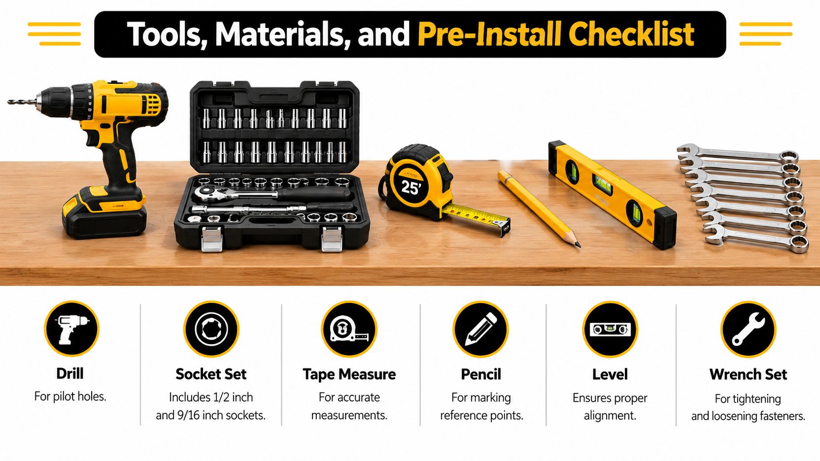 A flat lay image displaying essential DIY tools including a drill, socket set, tape measure, pencil, level, and wrench set.