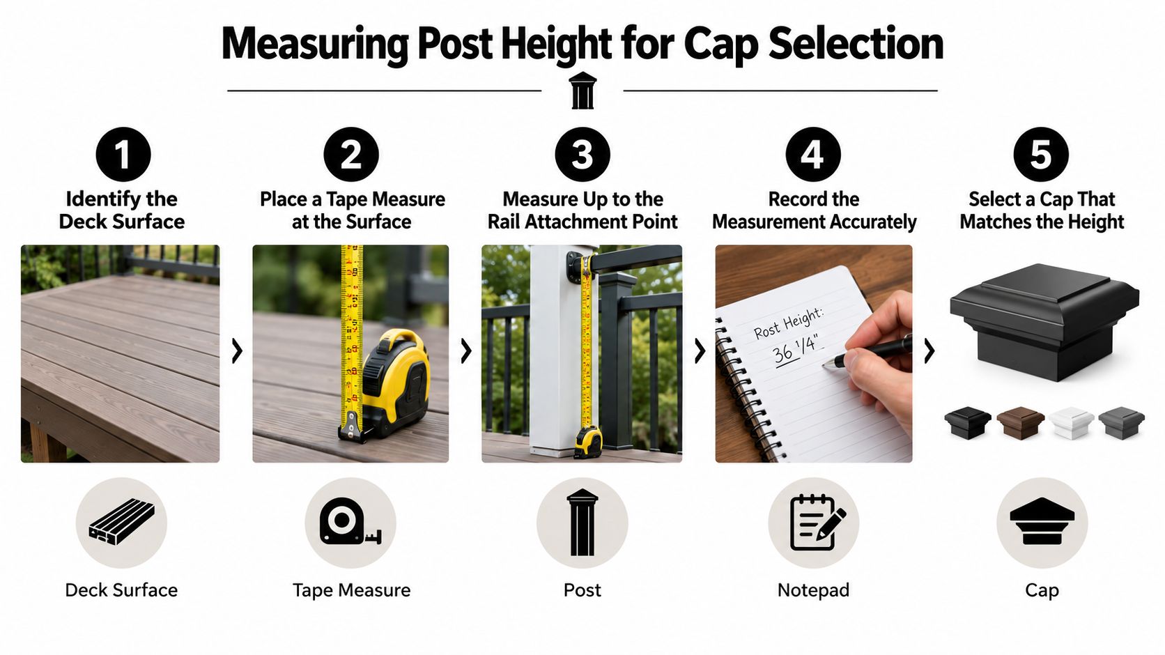 A five-step guide on how to measure deck post height for selecting the correct post cap.