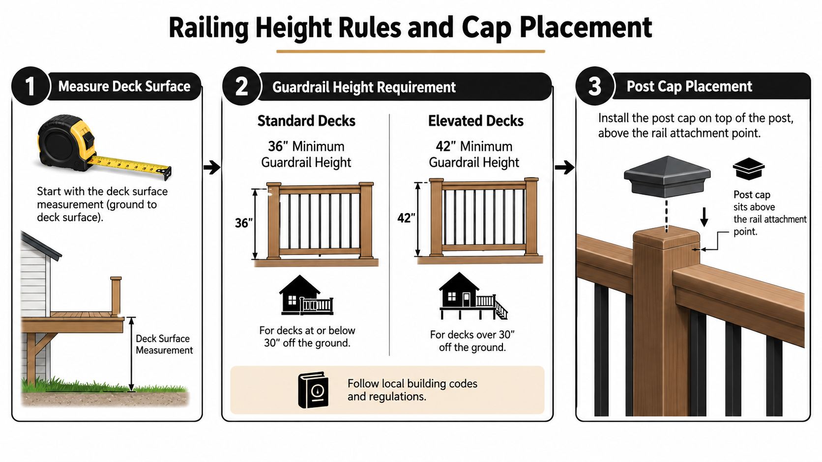 An infographic illustrating deck railing height requirements and proper post cap placement for residential decks.
