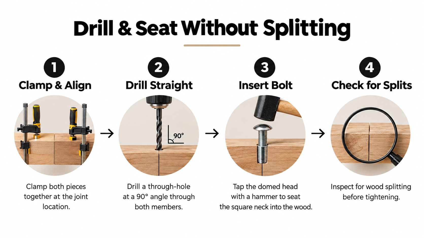 A four-step infographic showing how to drill and seat carriage bolts into wood without causing splitting.