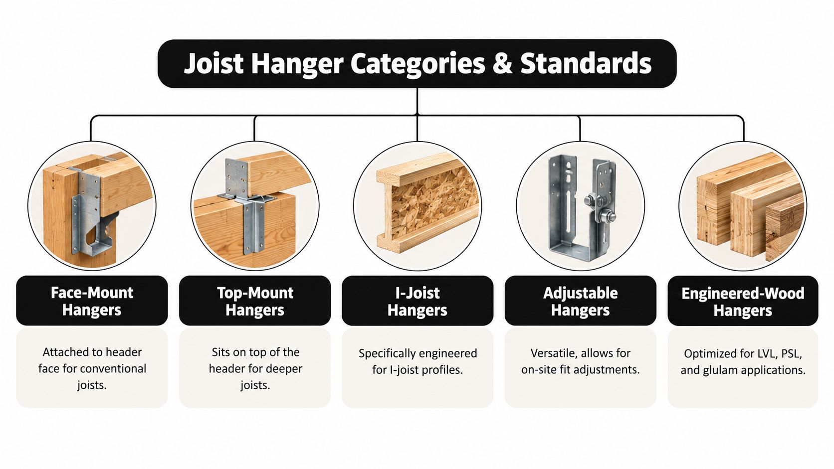 An infographic showing five different categories of joist hangers used in construction for structural support.