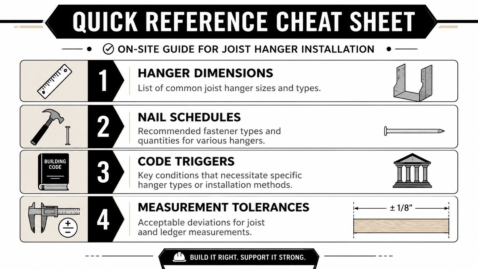 A quick reference cheat sheet for on-site joist hanger installation showing four key building guide categories.
