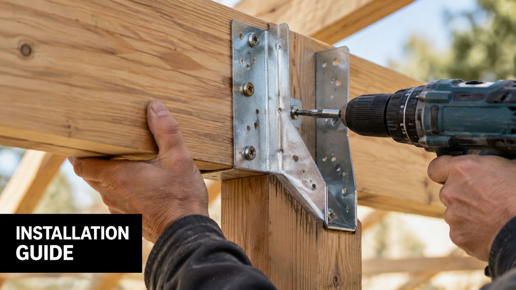 A construction worker uses a power drill to install a metal joist hanger onto wooden support beams.