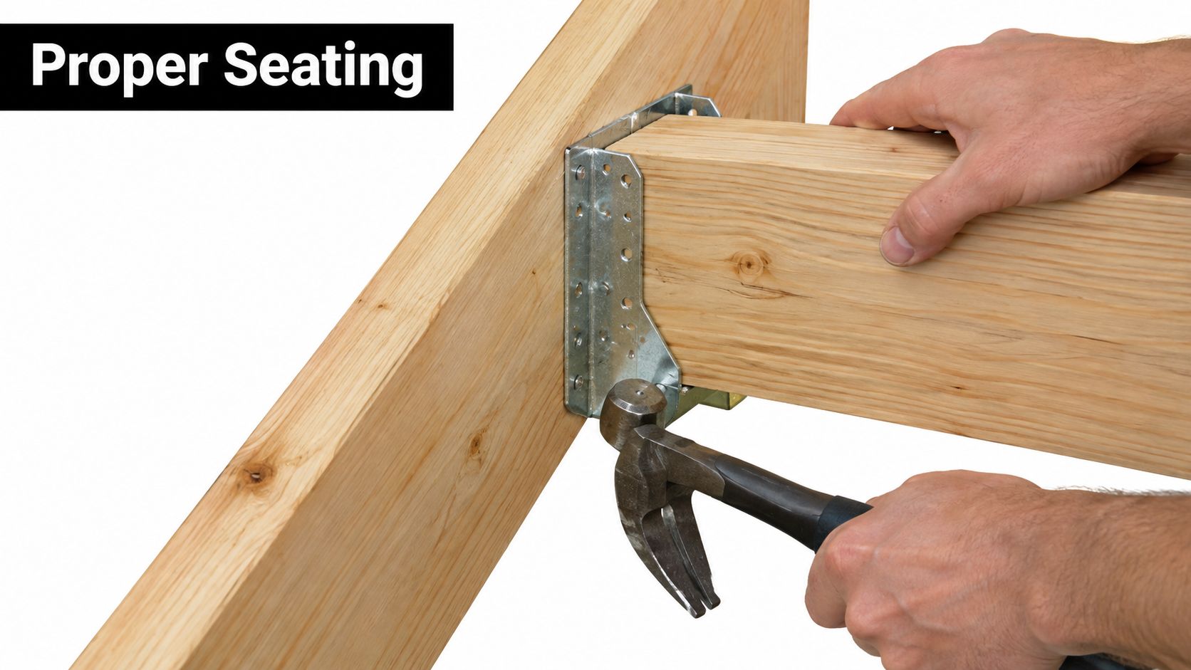 A construction worker uses a hammer to properly seat a metal joist hanger onto a wooden beam.