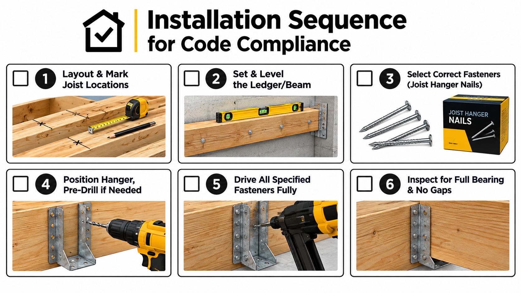 A six-step graphic guide illustrating the proper installation sequence for joist hangers in construction projects.