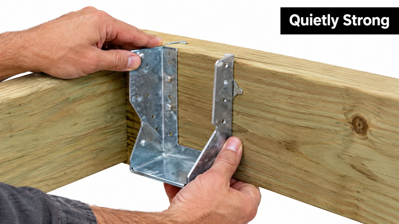 A pair of hands positioning a galvanized steel joist hanger against a wooden beam for installation.