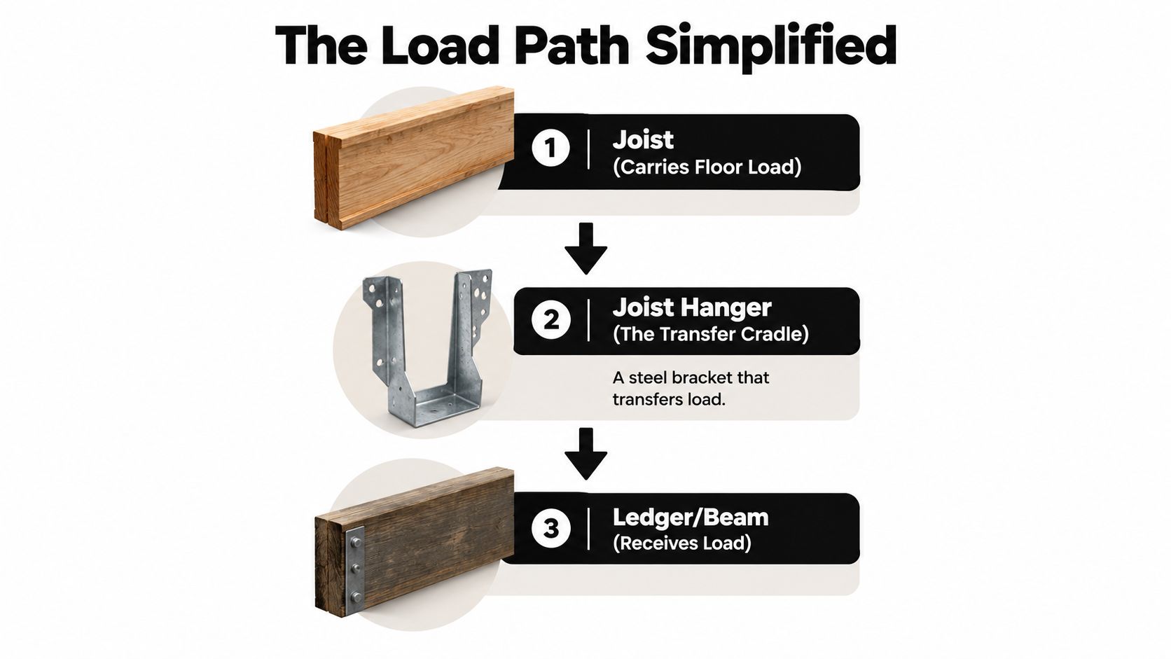 A diagram illustrating the load path showing a floor joist, a metal joist hanger, and a ledger beam.