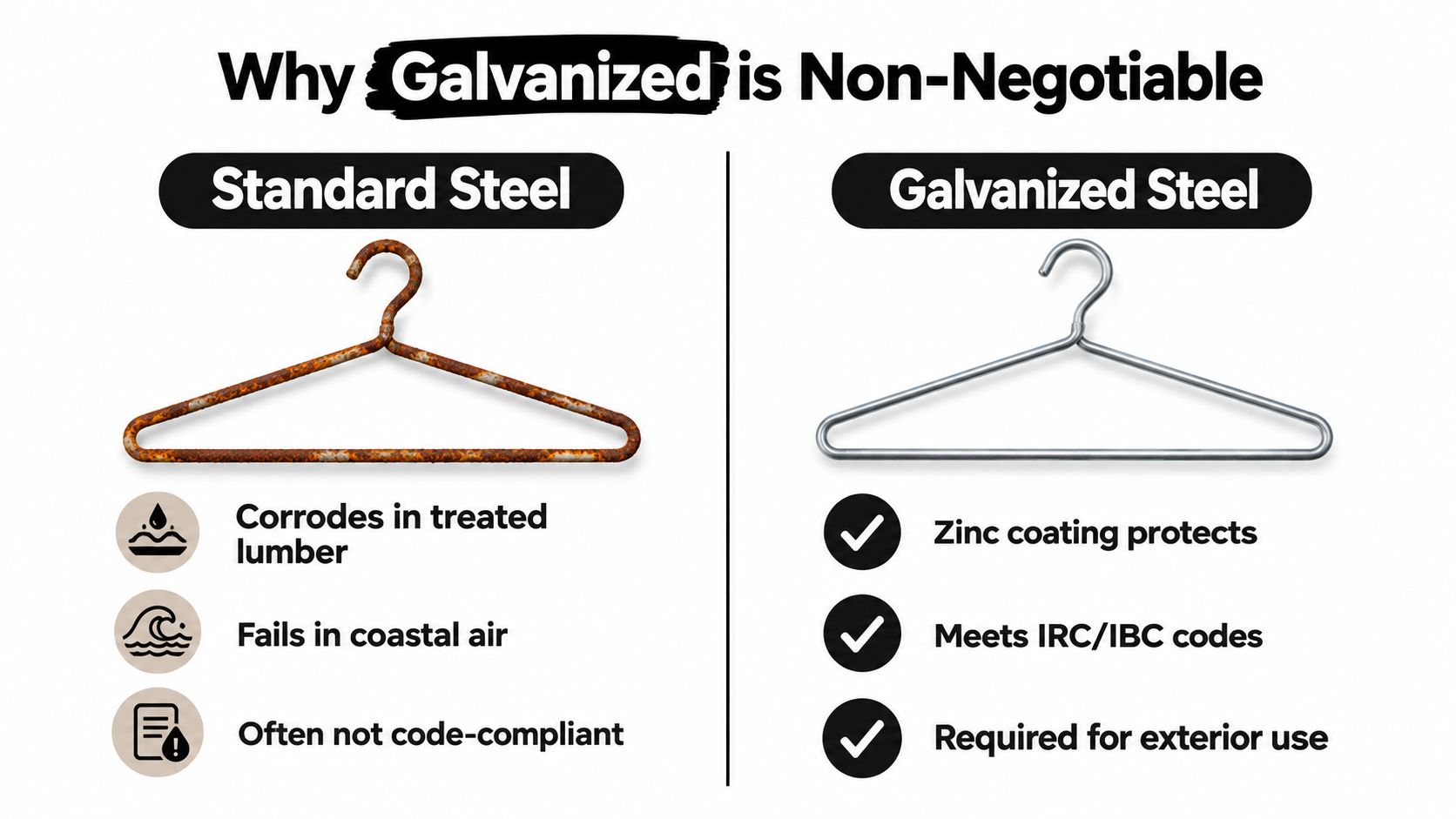 A comparison showing a rusted standard steel clothes hanger versus a clean, durable galvanized steel clothes hanger.