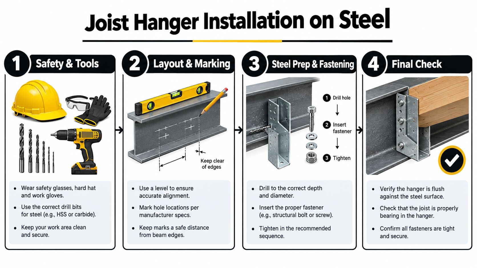A four-step instructional infographic showing the process of installing a joist hanger onto a steel beam.