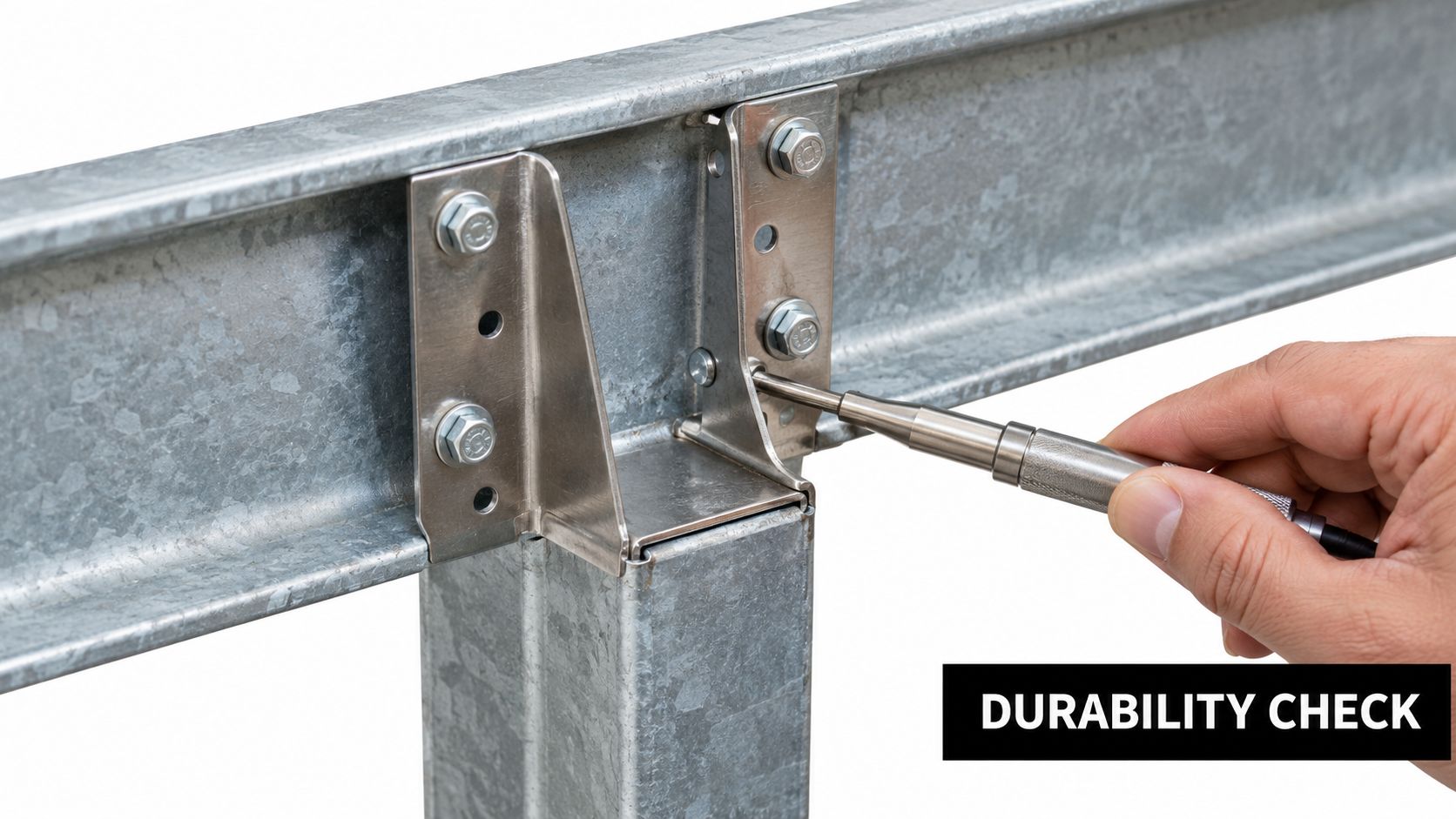 A hand using a tool to tighten a metal fastener connecting a support beam to a structure.