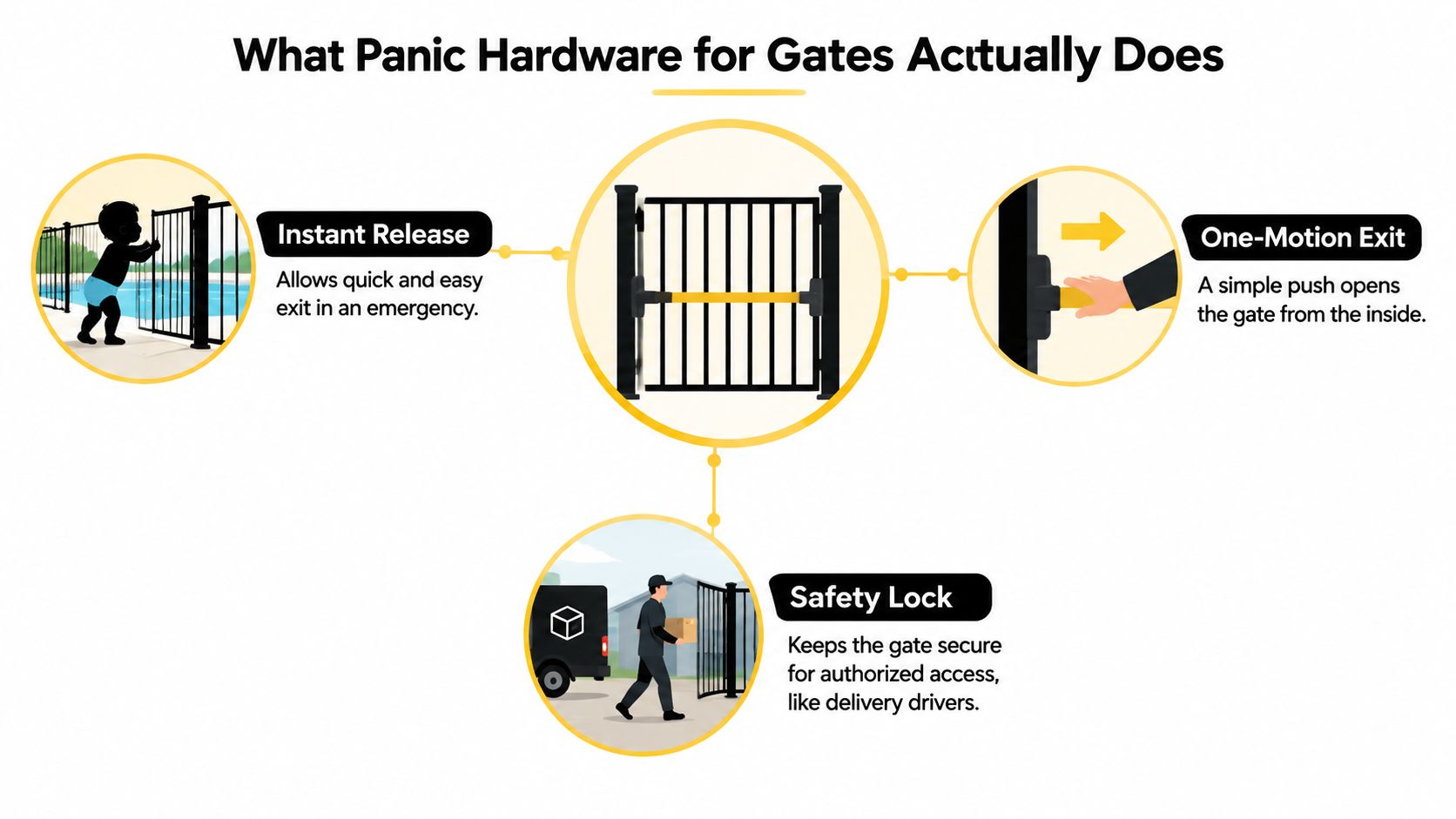 A diagram explaining that panic hardware for gates provides instant release, one-motion exits, and secure safety locks.