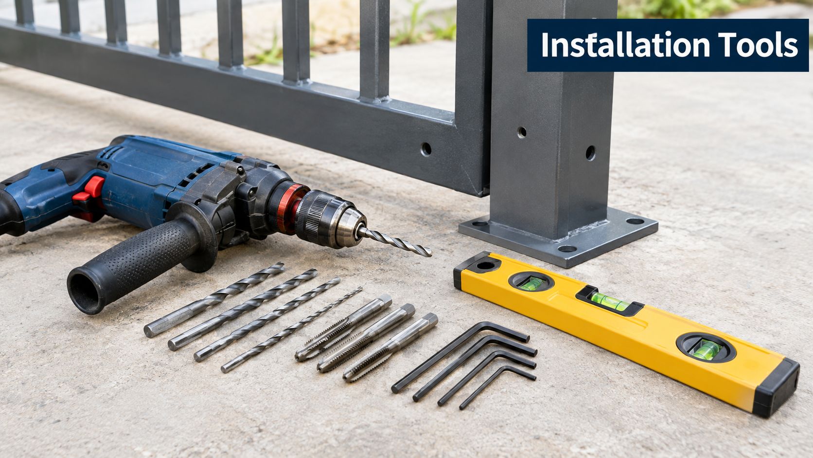 An electric drill, various drill bits, tap tools, Allen wrenches, and a spirit level on concrete.