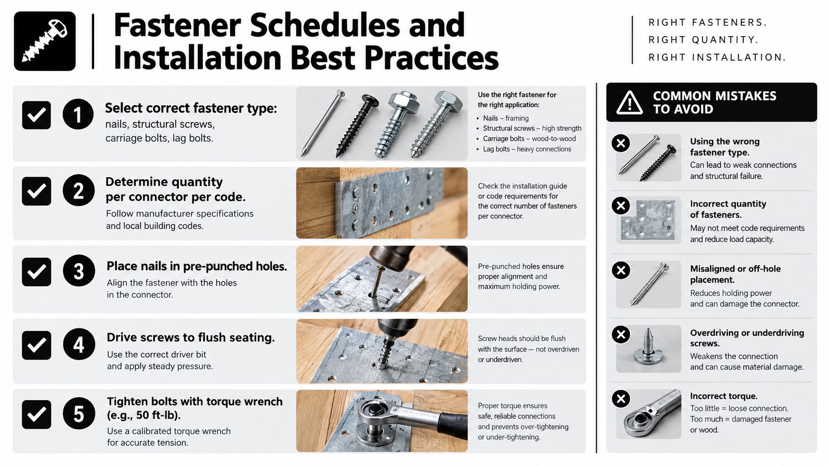 An infographic detailing five best practices for selecting and installing fasteners for construction projects.