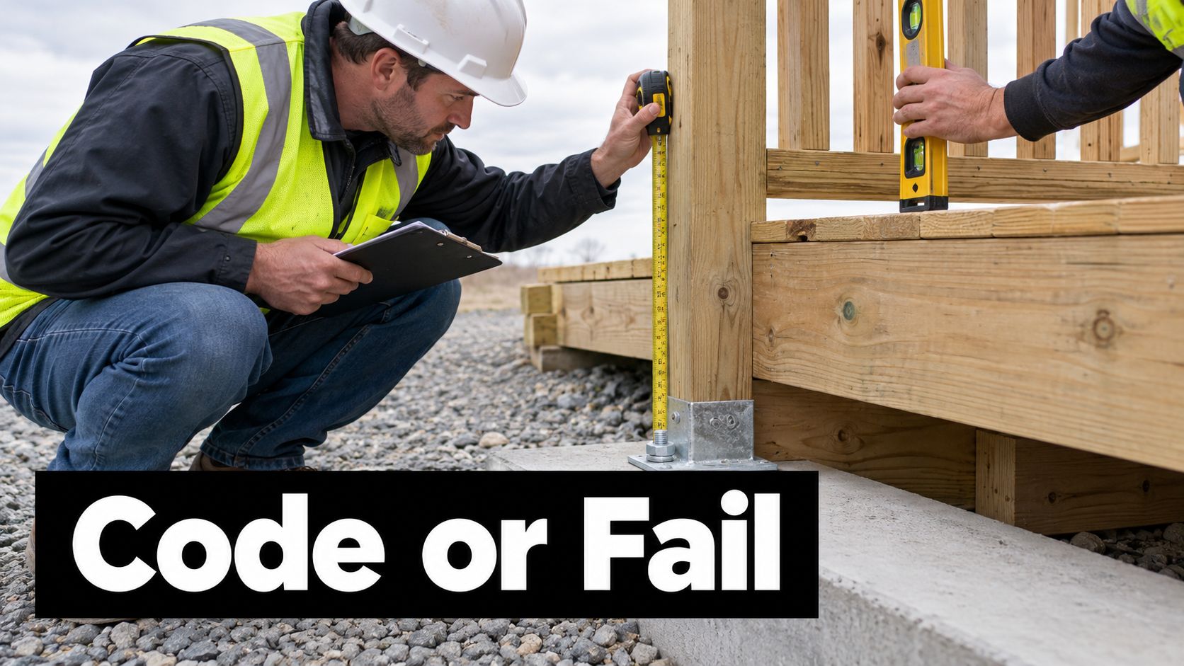 A construction inspector measuring a wooden post on a deck foundation with a tape measure.