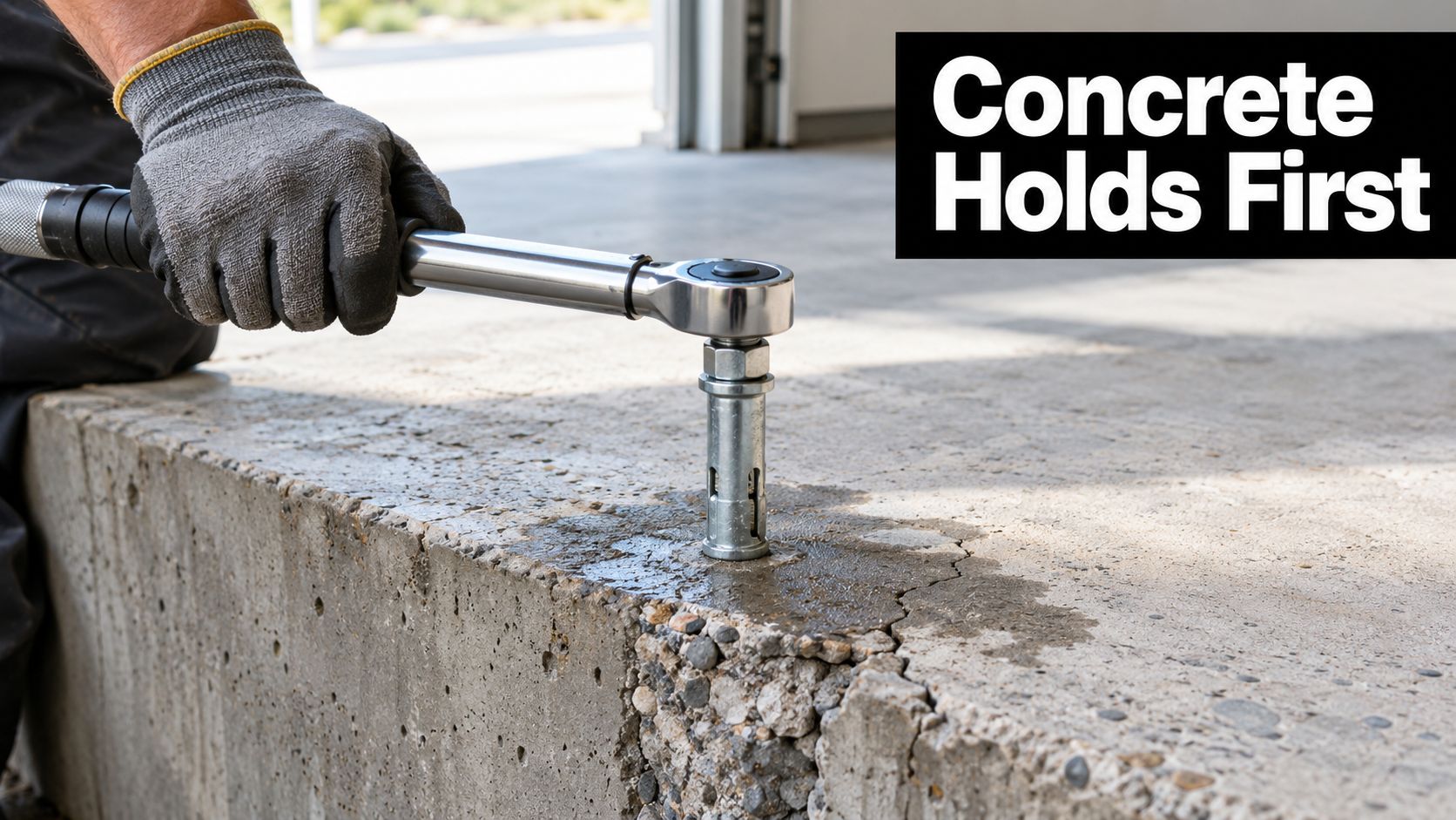A person wearing gloves uses a torque wrench to tighten a metal sleeve anchor into concrete.