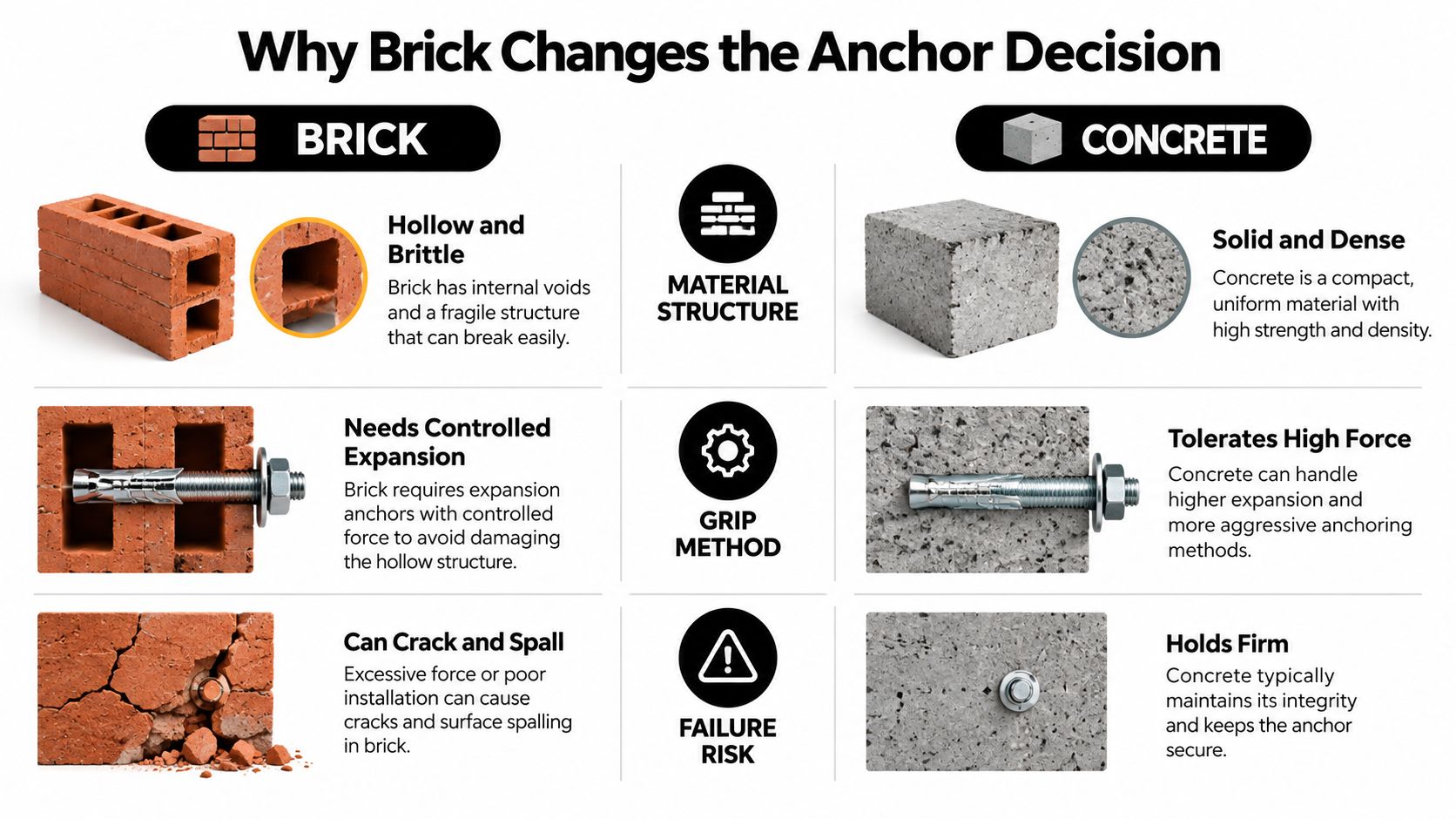 A comparative chart showing why brick and concrete require different anchor types for construction projects.