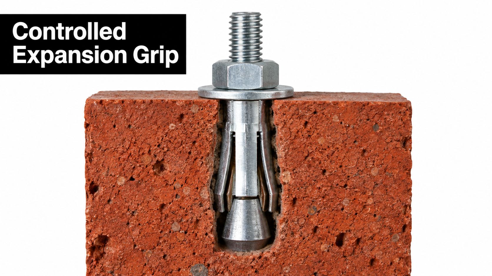 A cross-section view of a metal sleeve anchor installed in a red brick wall for construction.