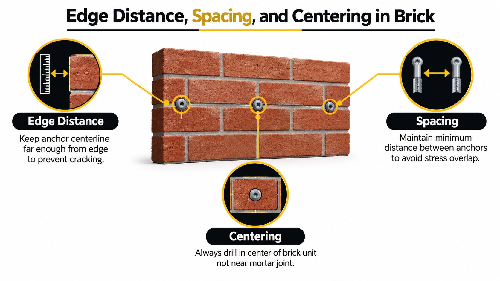 A technical infographic illustrating the proper installation guidelines for anchors in brick walls, covering edge distance, spacing, and centering.
