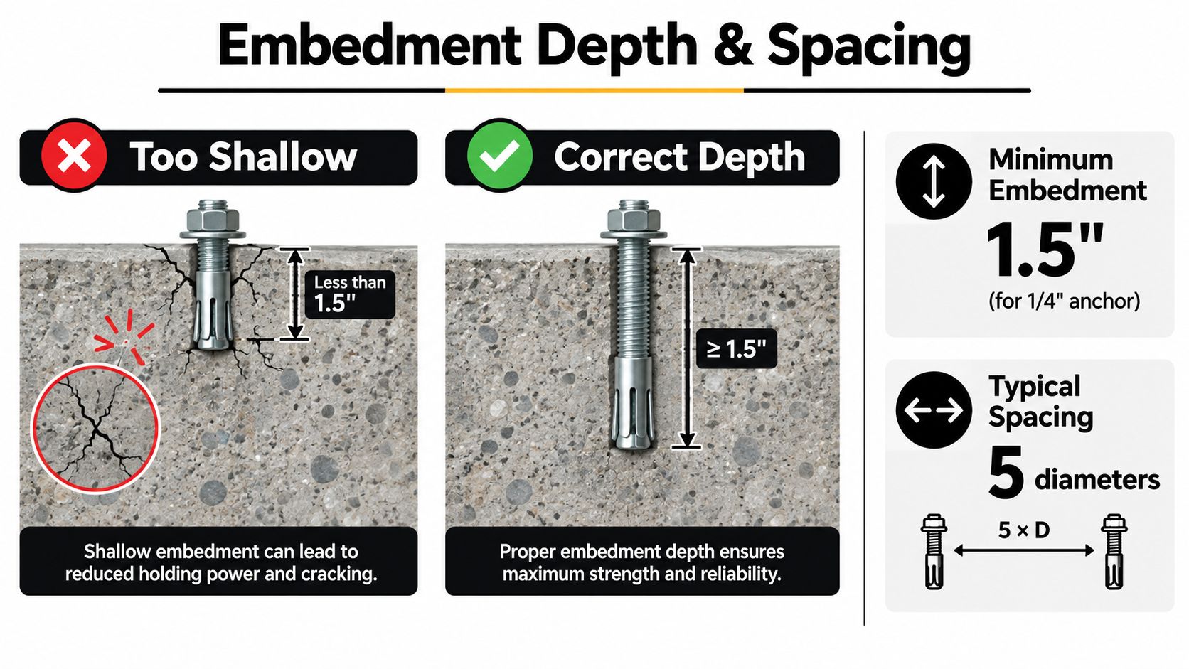 A technical infographic illustrating the proper embedment depth and spacing requirements for sleeve anchors in concrete.