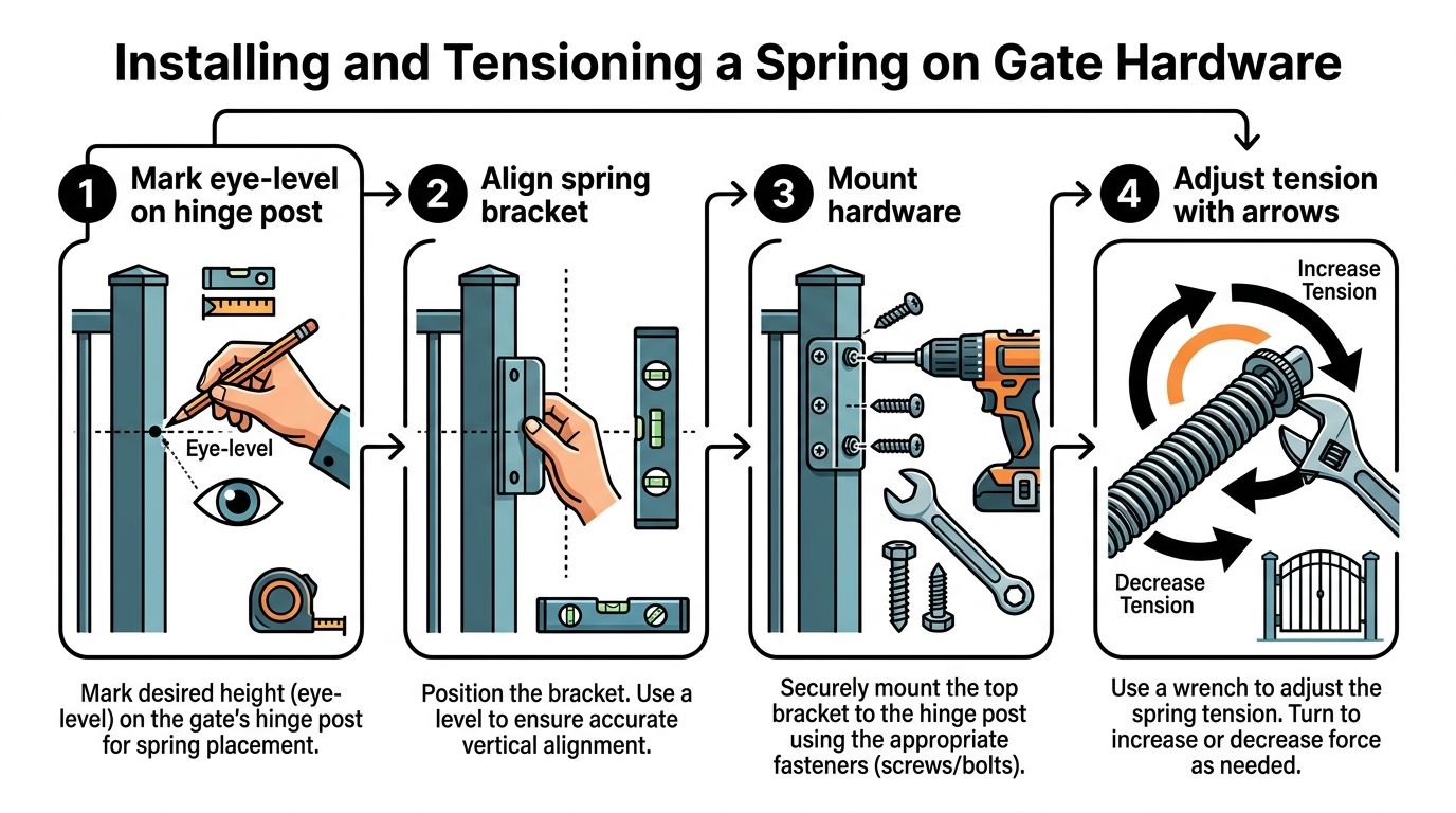 A four-step infographic showing the process of installing and tensioning a spring on gate hardware.