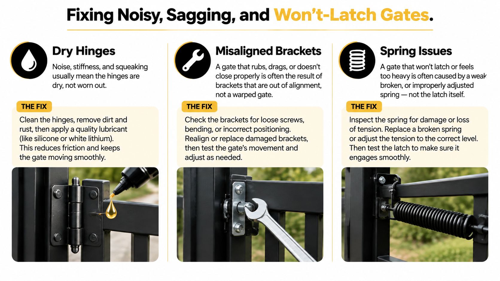 A helpful infographic illustrating three common gate repair issues including dry hinges, misaligned brackets, and spring problems.