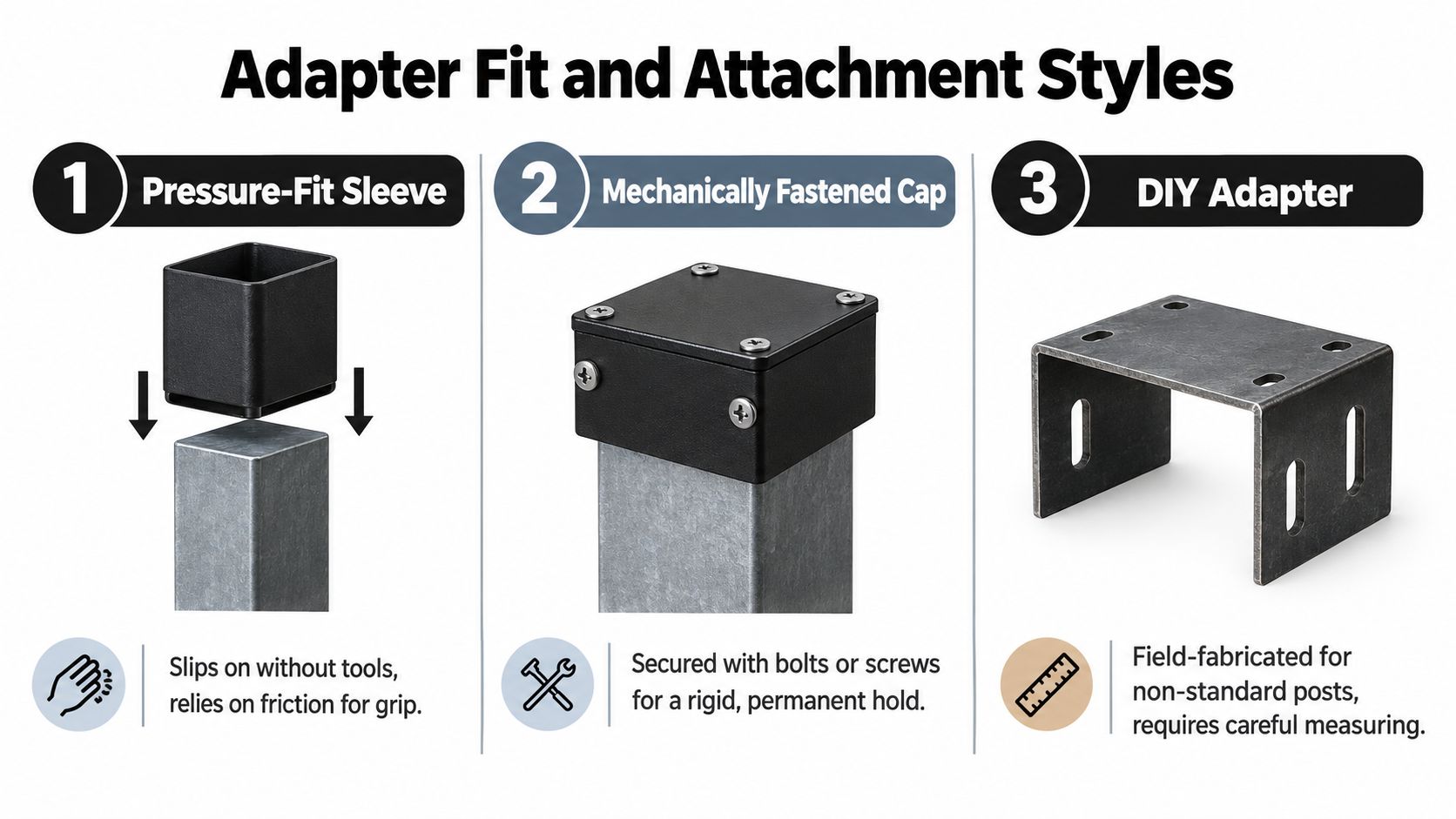 A diagram comparing three different styles of post cap adapters for structural mounting and finishing.