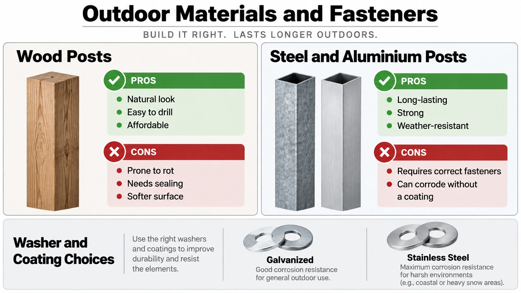 A comparison chart outlining the pros and cons of wood, steel, and aluminum outdoor fence posts.