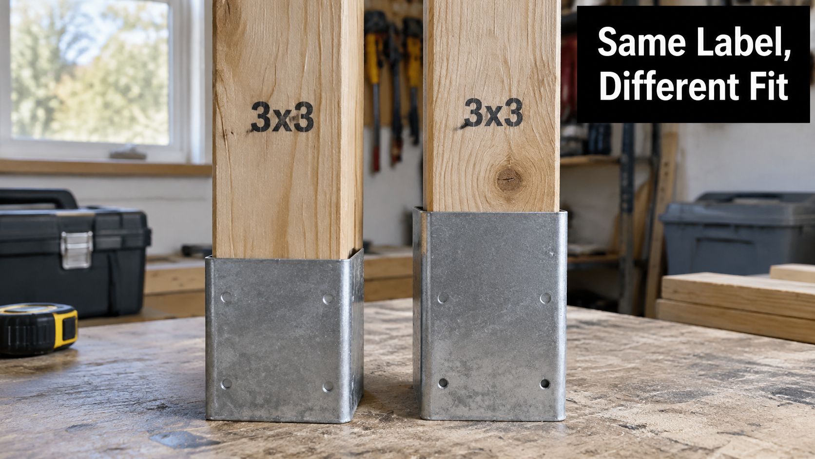 Two 3x3 wooden posts inserted into different metal post cap adapters showing a discrepancy in fitment.