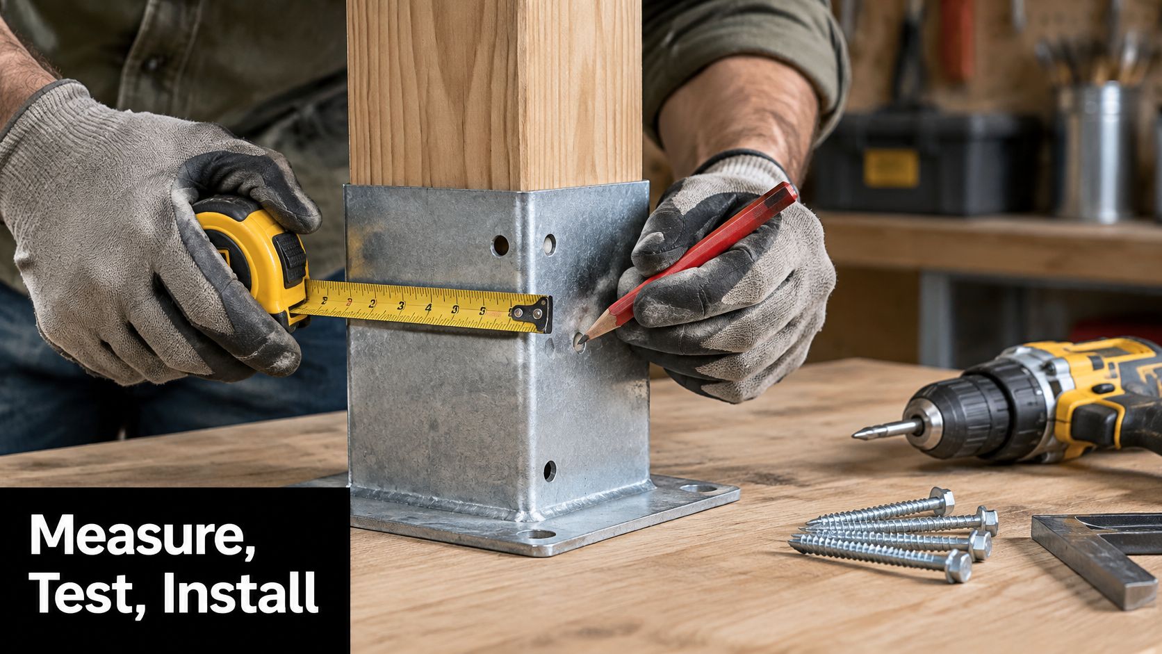 A person wearing gloves measuring a metal post base anchor using a tape measure and marking it.