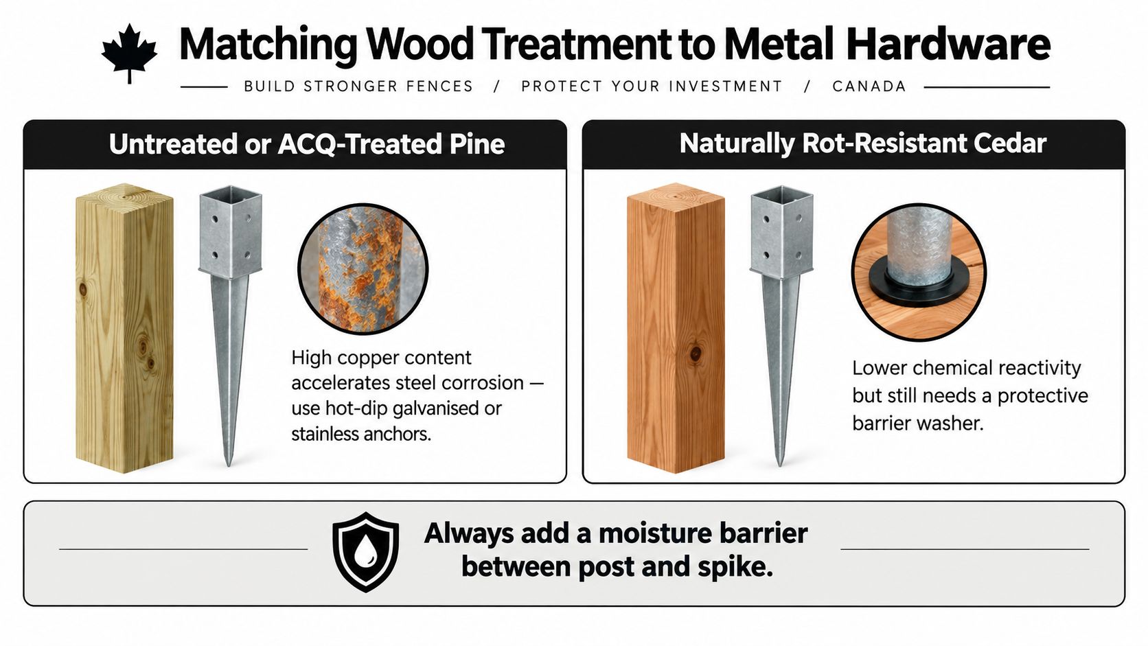 An infographic comparing hardware requirements for untreated pine and rot-resistant cedar fence posts in Canada.