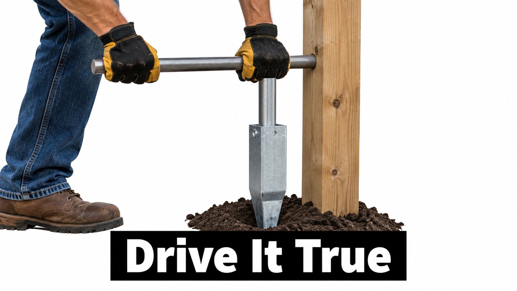 A person using a metal driving tool to install a post anchor into the soil.