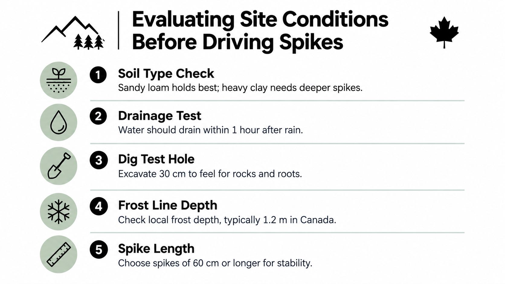 A checklist of five site preparation steps to consider before installing ground spikes for construction.
