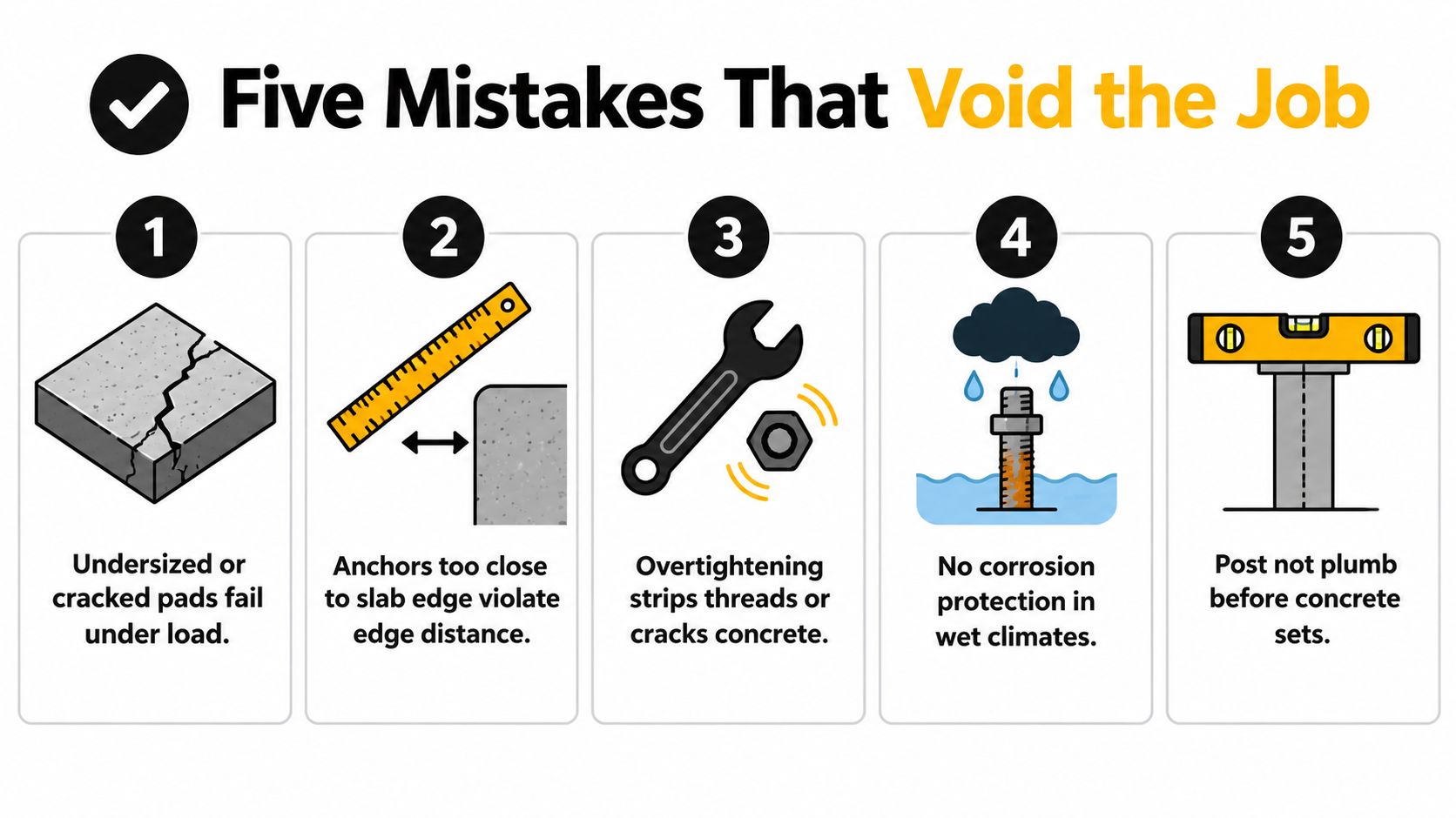 A graphic showing five common construction mistakes like cracked pads and unplumbed posts that void a job warranty.