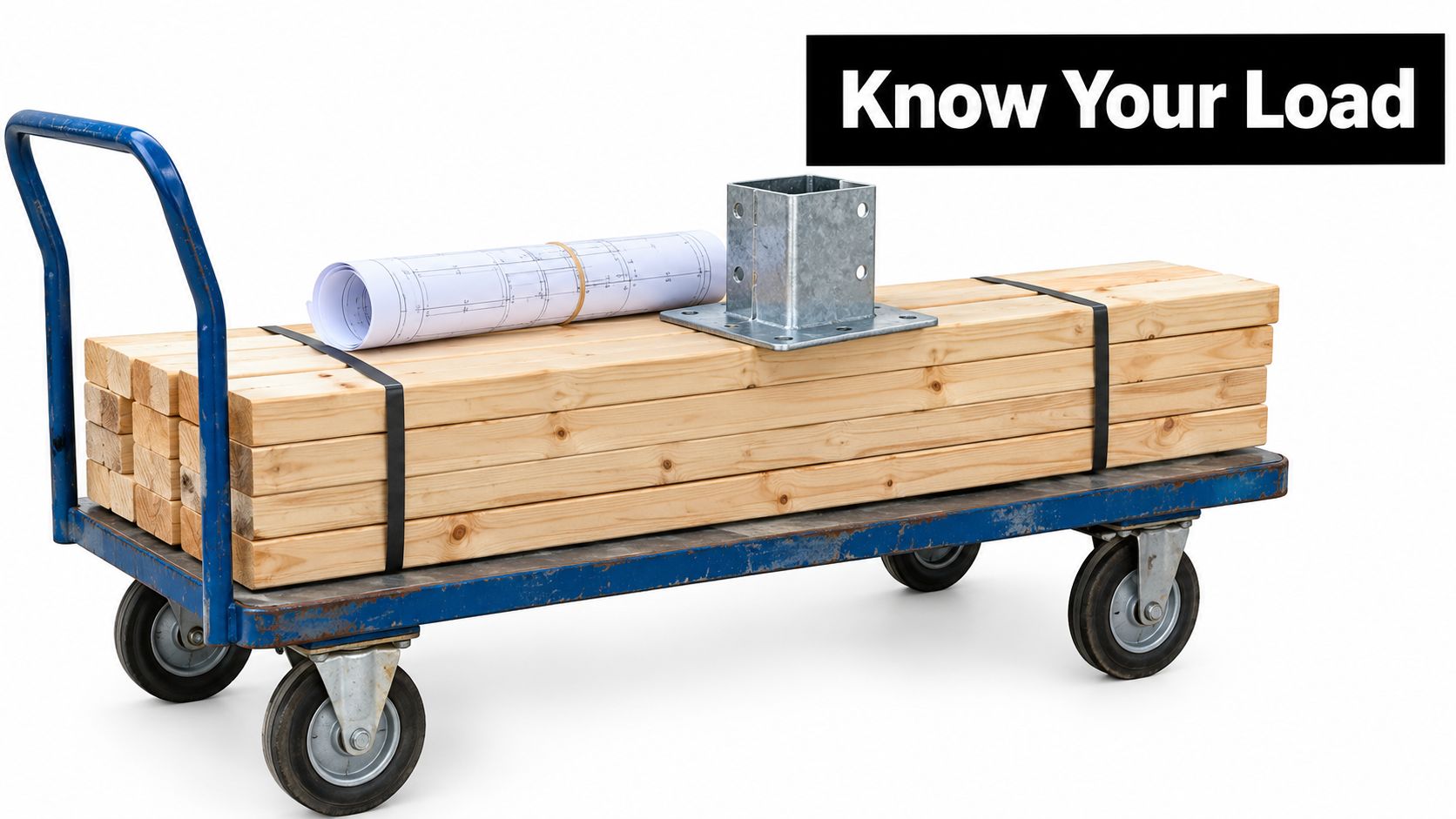 A flatbed cart loaded with wooden lumber, a metal 4x4 post base, and rolled construction blueprints.